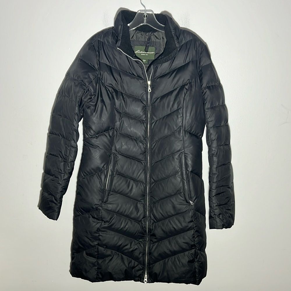 Eddie Bauer Black Goose Down Puffer Long Full Zip Jacket EB550 Fill Power Size S